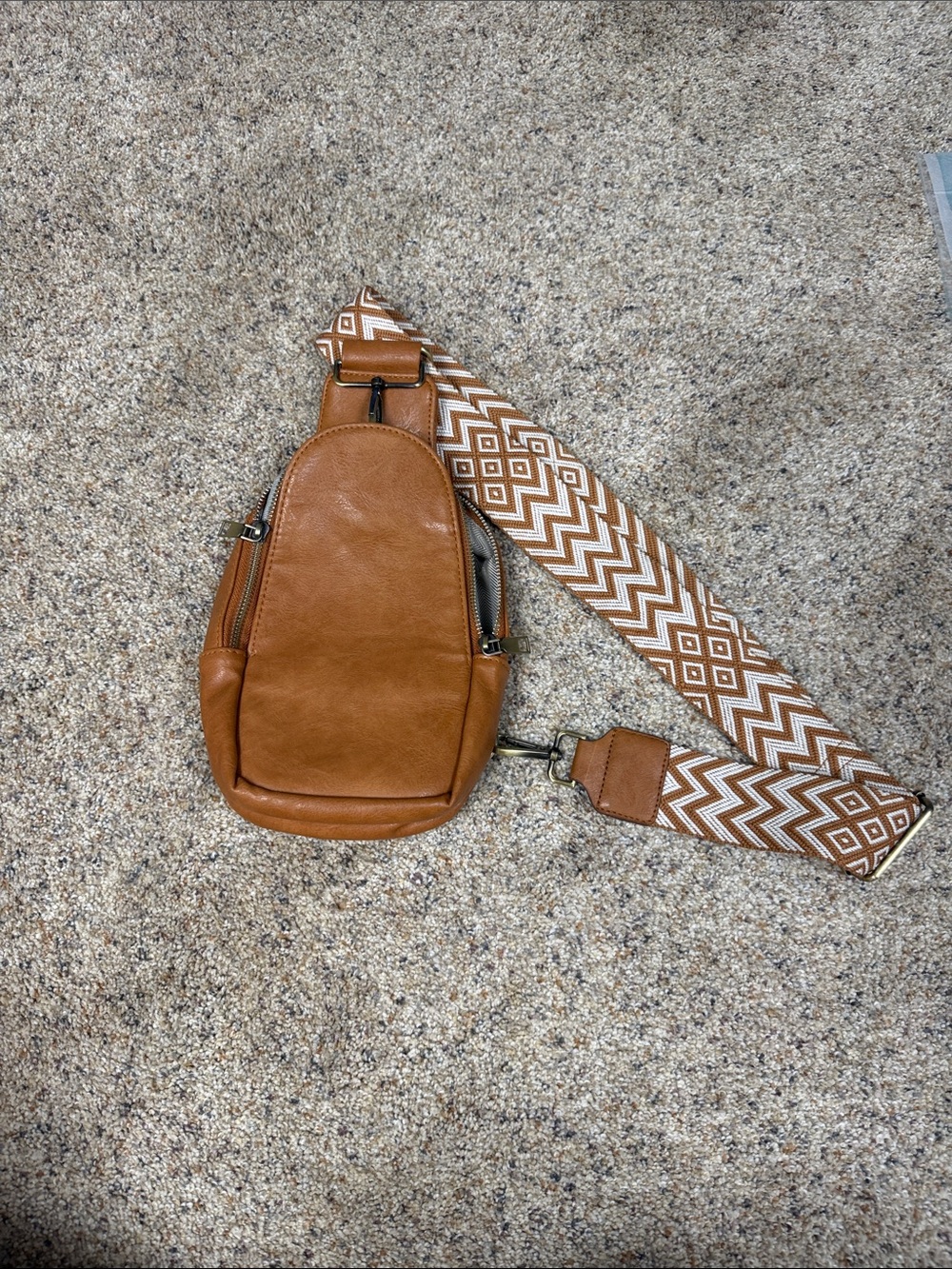 Brown Leather Crossbody Sling Bag with Patterned Strap